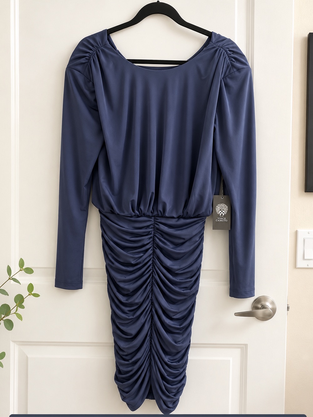 NWT Vince Camuto Slate Blue Ruched Bodycon Midi Dress Long Sleeve Size 12